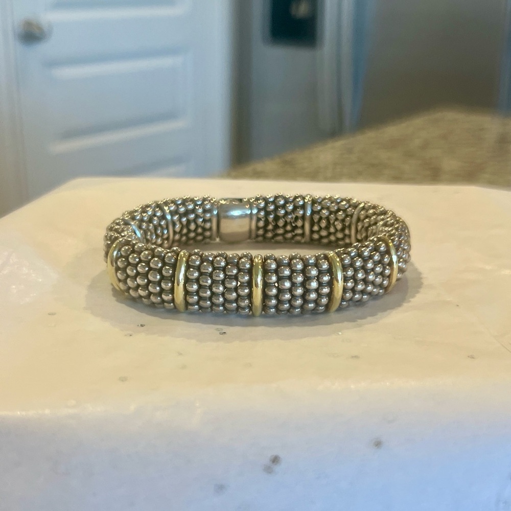 LAGOS Silver Beaded Bracelet with Gold Bands - Picture 5 of 11